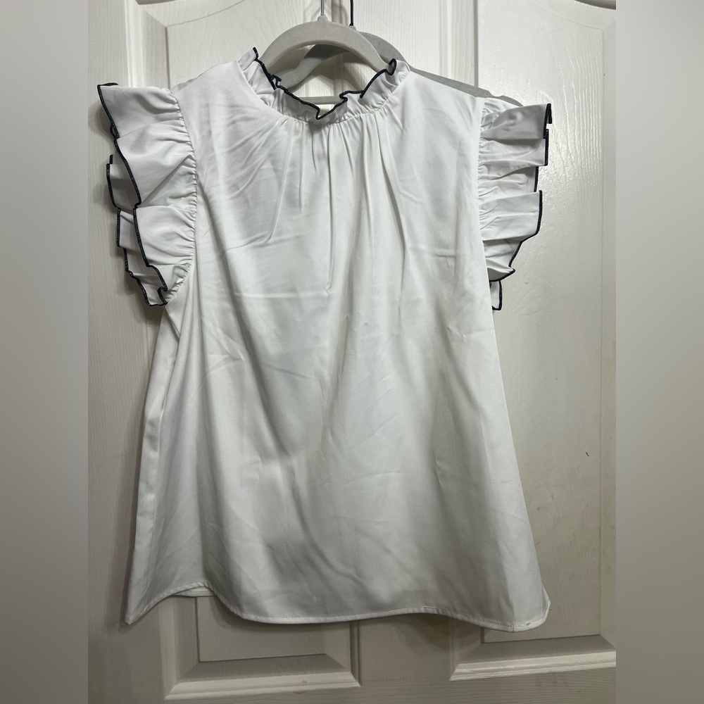 TCEC White Blouse with Black Trim Ruffle Sleeves